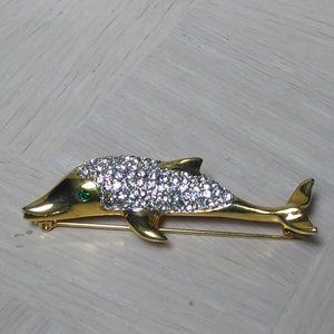 Gold Tone Rhinestone Dolphin Brooch